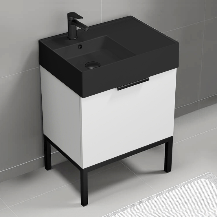 Nameeks DERIN681 Small Bathroom Vanity With Black Sink, Floor Standing, 24 Inch, Glossy White